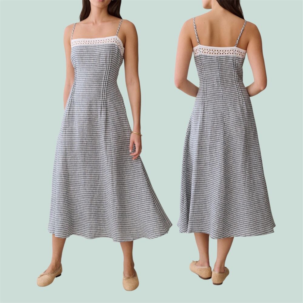 Few Moda Tanya Linen Teal Gingham Crochet Lace Trim Midi Dress 2 XS Coquette